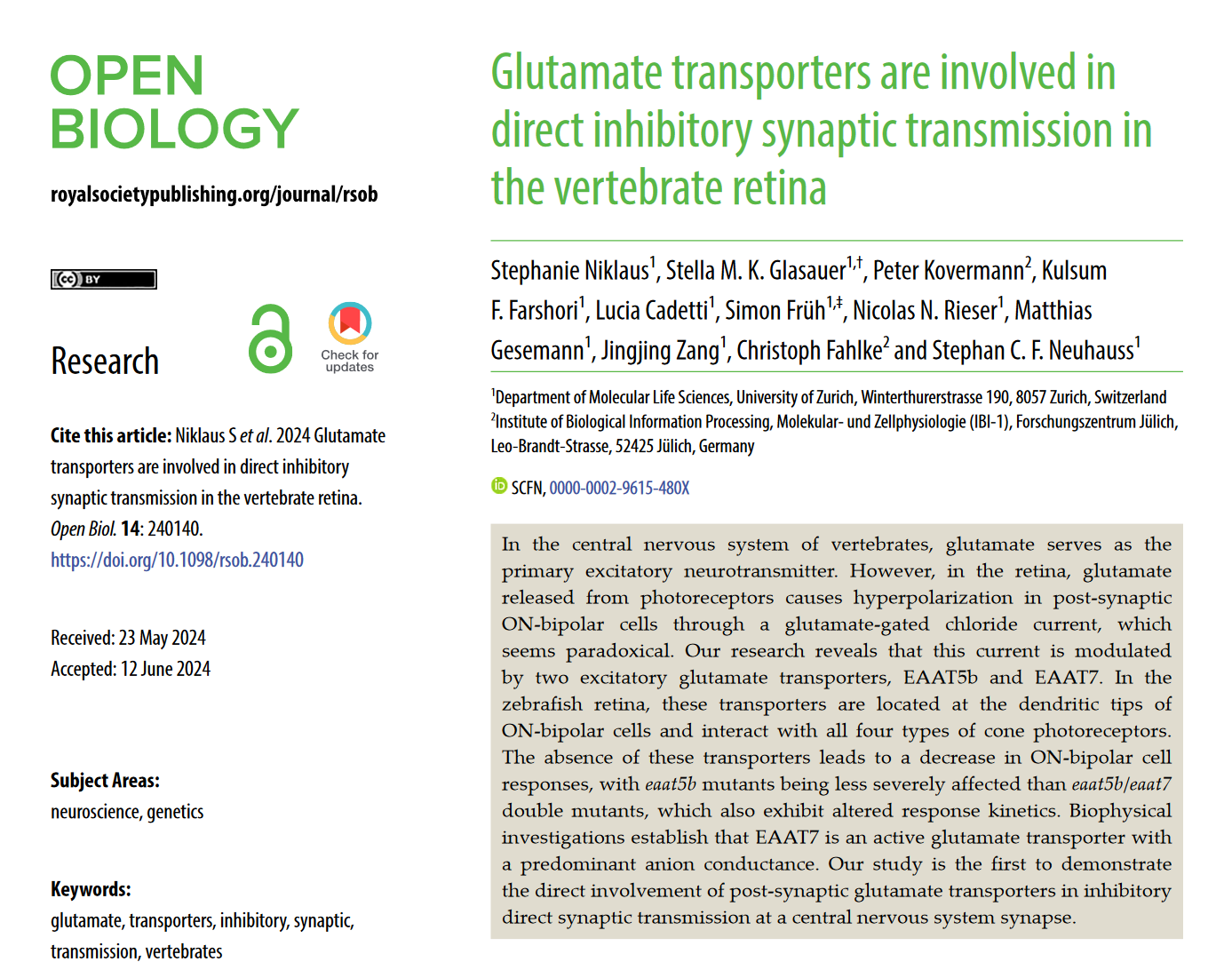 Paper about the involvement of glutamate transporter in synaptic transmission out now in Open Biology.